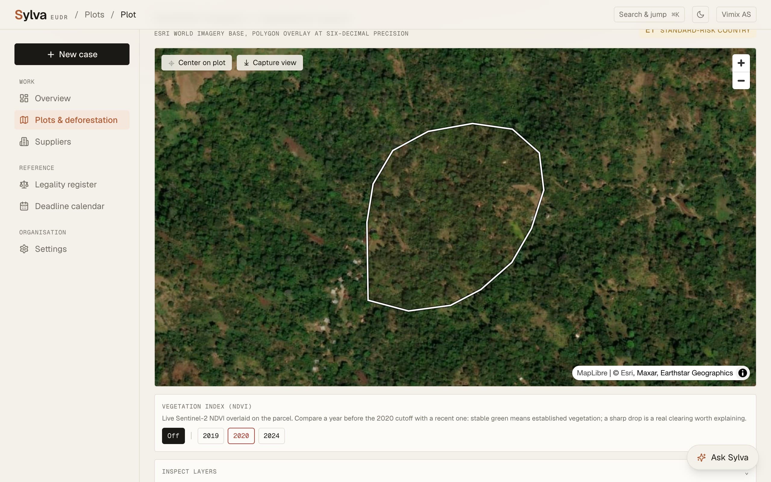 Sylva plot view: a coffee plot in Yirgacheffe on satellite imagery, screened against the EUDR cutoff